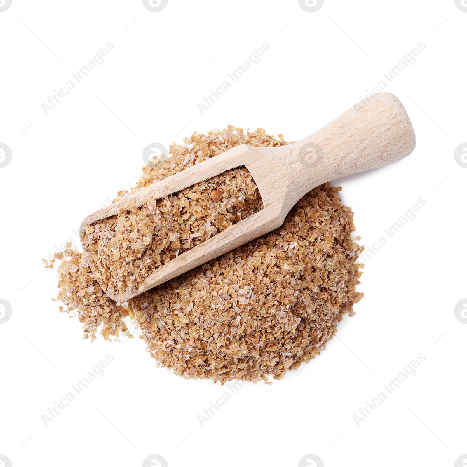 Photo of Buckwheat bran and wooden scoop isolated on white, top view