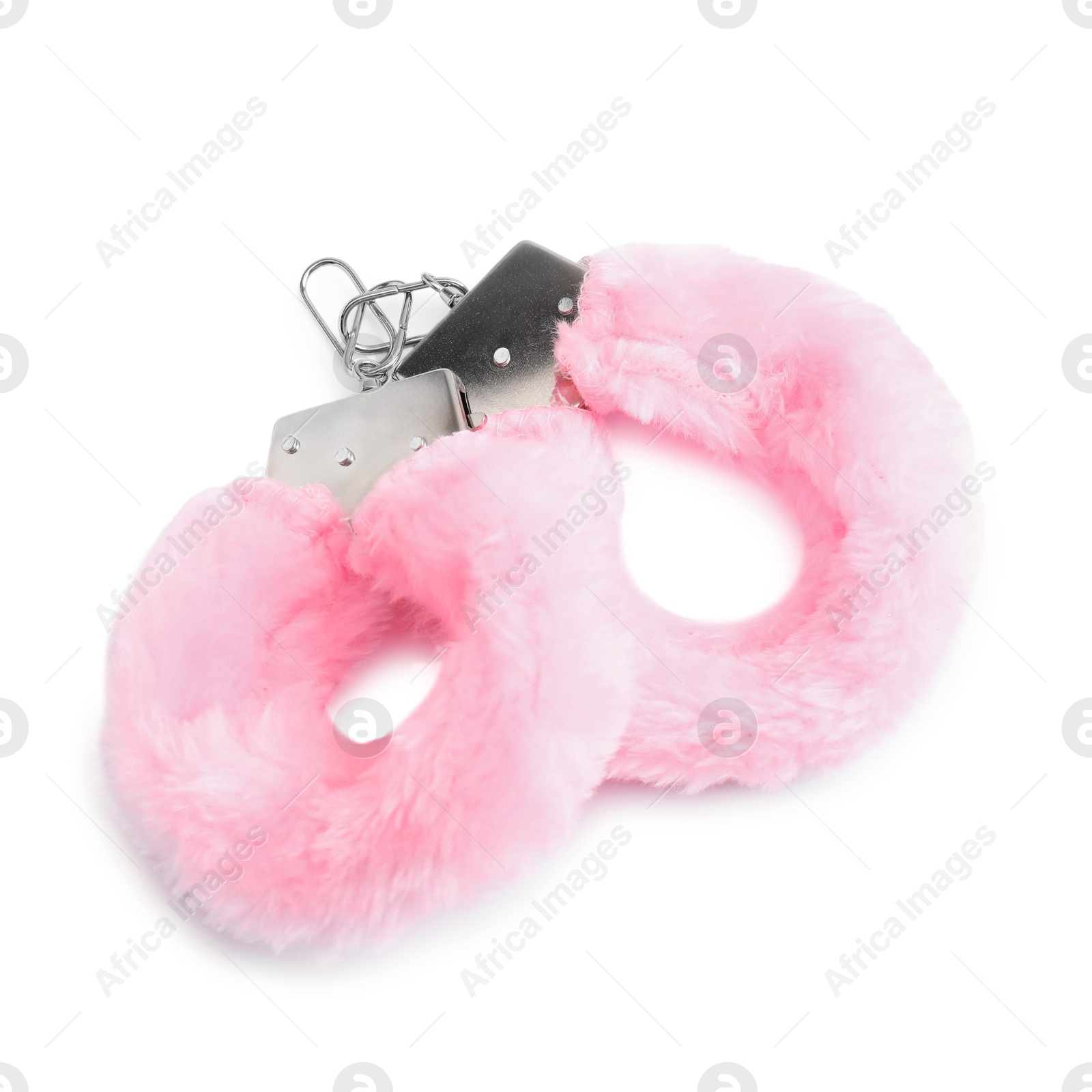 Photo of Pink fluffy handcuffs isolated on white. Sex toy