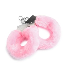 Photo of Pink fluffy handcuffs isolated on white. Sex toy