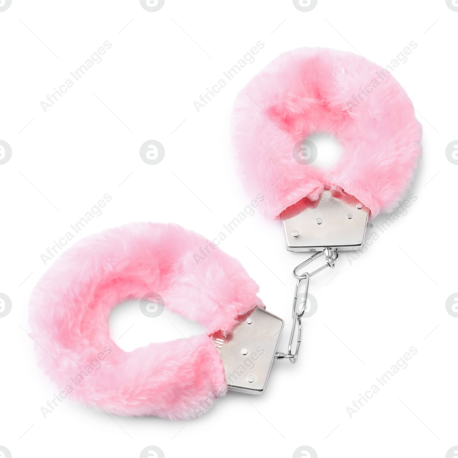 Photo of Pink fluffy handcuffs isolated on white. Sex toy