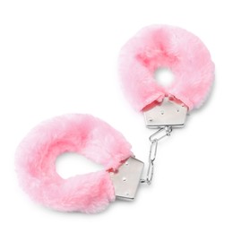 Photo of Pink fluffy handcuffs isolated on white. Sex toy