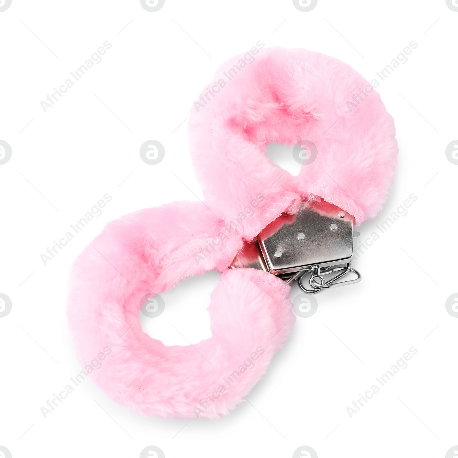 Photo of Pink fluffy handcuffs isolated on white. Sex toy