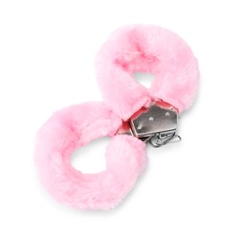 Photo of Pink fluffy handcuffs isolated on white. Sex toy