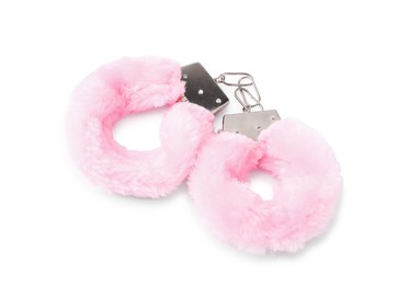 Pink fluffy handcuffs isolated on white. Sex toy