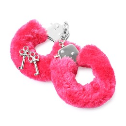 Photo of Bright fluffy handcuffs and keys isolated on white. Sex toy