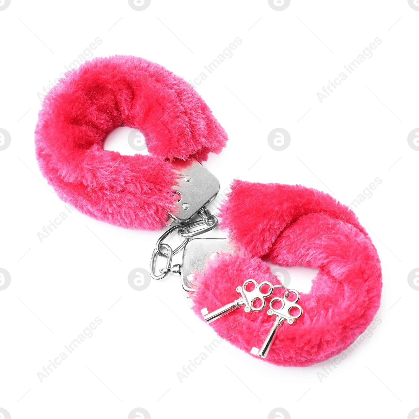 Photo of Bright fluffy handcuffs and keys isolated on white. Sex toy