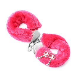 Photo of Bright fluffy handcuffs and keys isolated on white. Sex toy