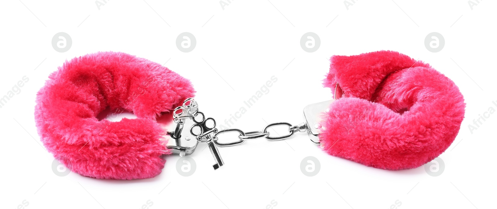 Photo of Bright fluffy handcuffs and keys isolated on white. Sex toy