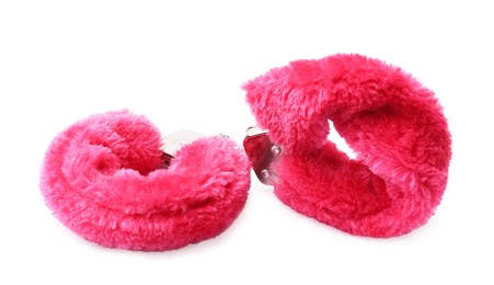 Photo of Bright fluffy handcuffs isolated on white. Sex toy