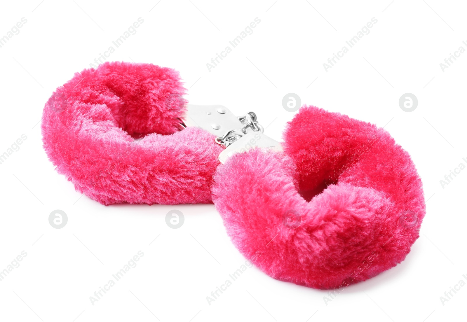 Photo of Bright fluffy handcuffs isolated on white. Sex toy