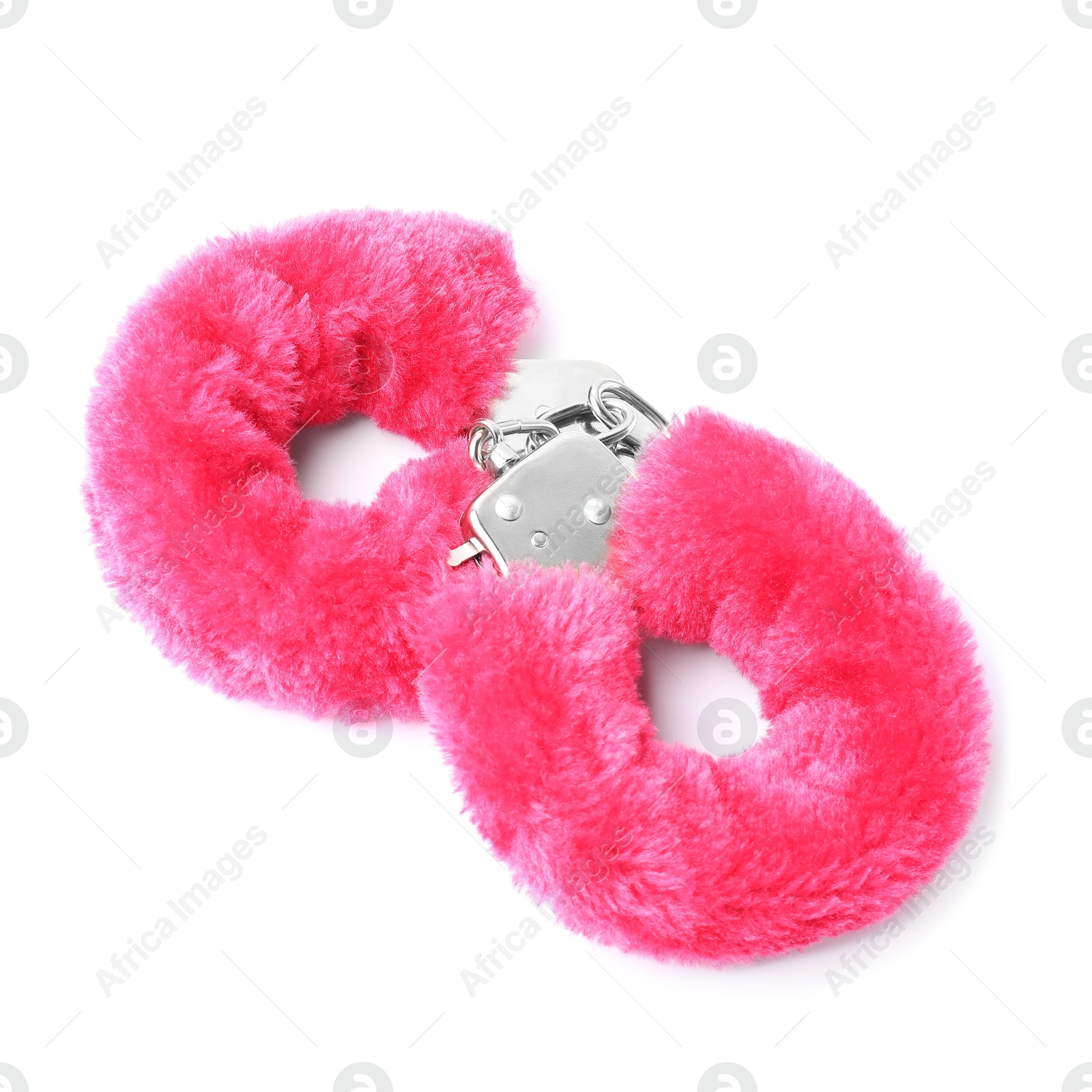 Photo of Bright fluffy handcuffs isolated on white. Sex toy