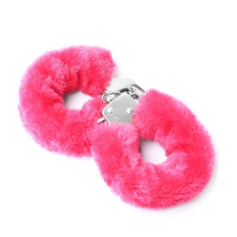 Photo of Bright fluffy handcuffs isolated on white. Sex toy