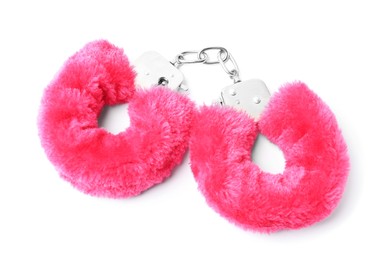 Photo of Bright fluffy handcuffs isolated on white. Sex toy