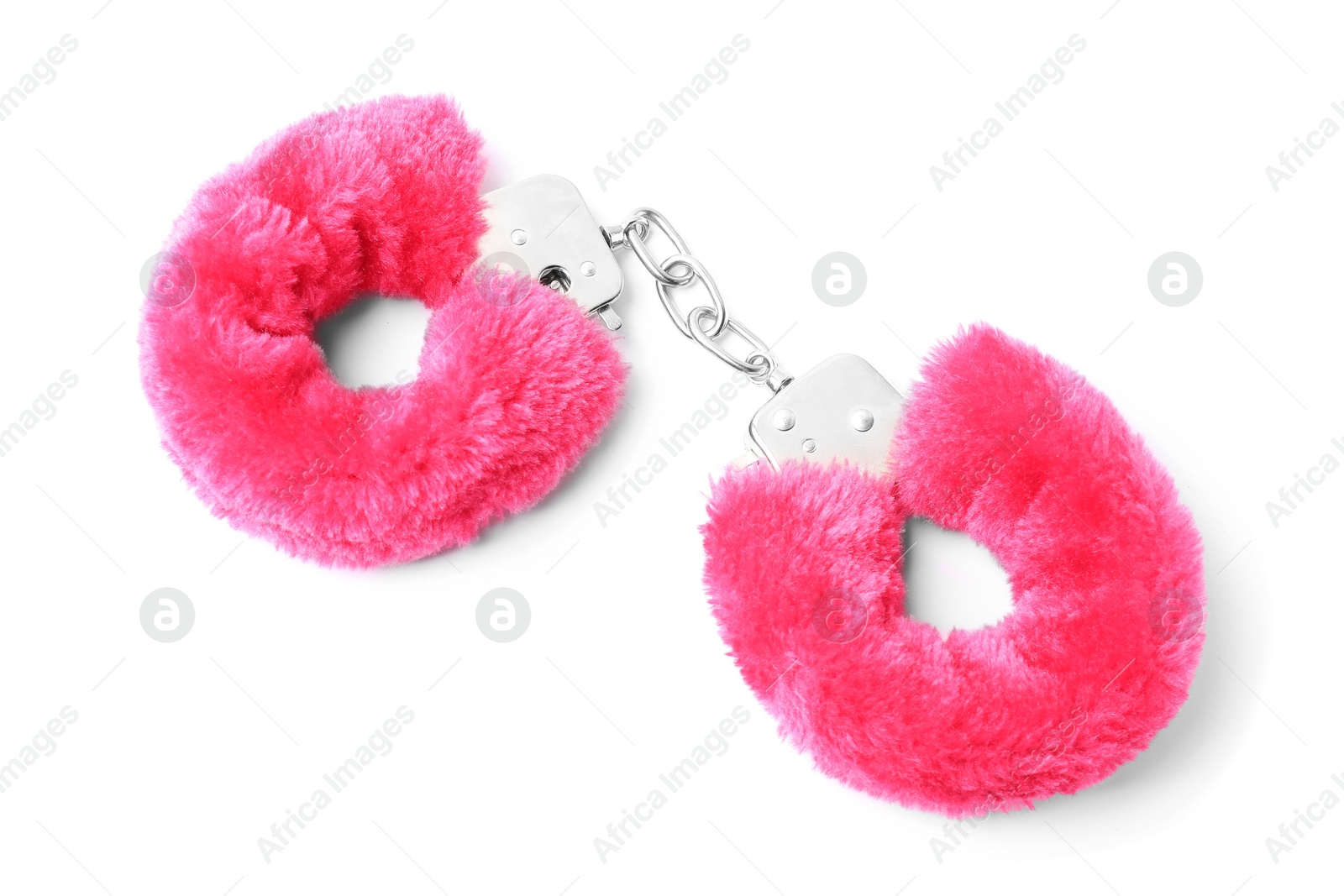 Photo of Bright fluffy handcuffs isolated on white. Sex toy