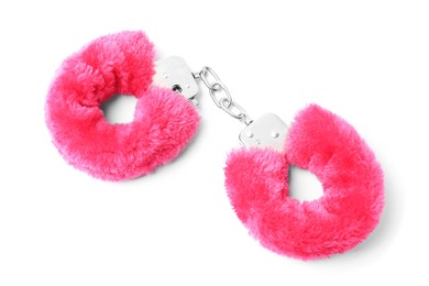 Photo of Bright fluffy handcuffs isolated on white. Sex toy