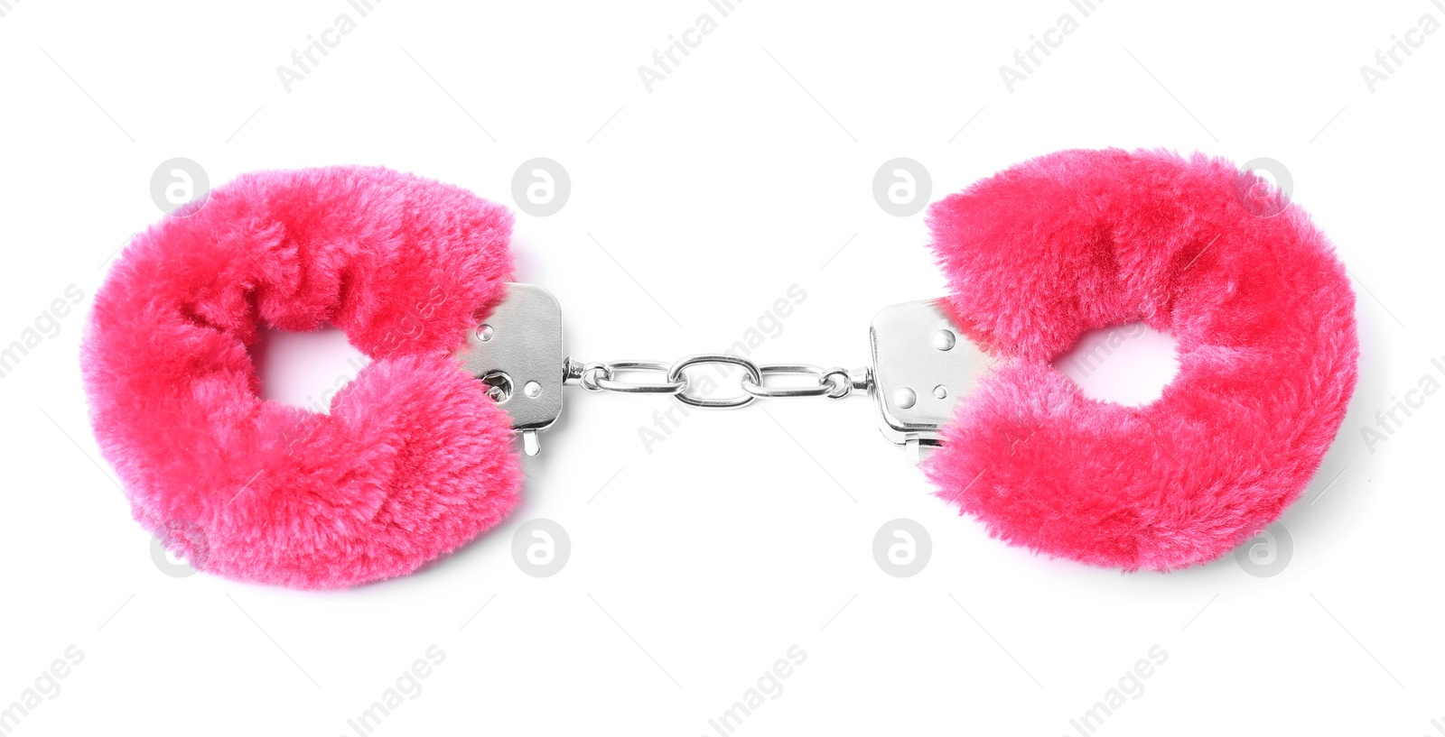 Photo of Bright fluffy handcuffs isolated on white. Sex toy