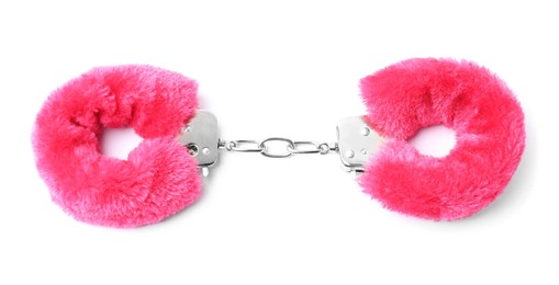 Photo of Bright fluffy handcuffs isolated on white. Sex toy