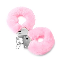 Photo of Pink fluffy handcuffs isolated on white. Sex toy