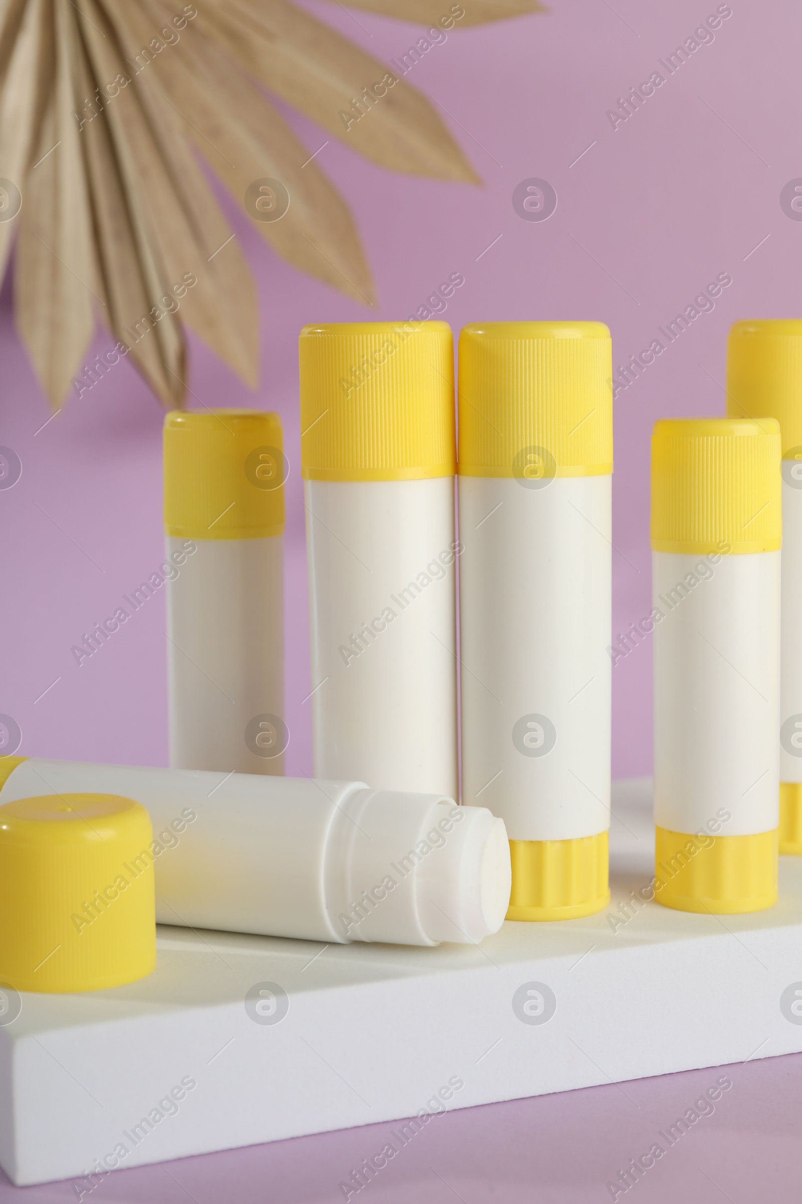 Photo of Glue sticks, podium and dry palm leaf on violet background, closeup