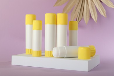 Photo of Glue sticks, podium and dry palm leaf on violet background