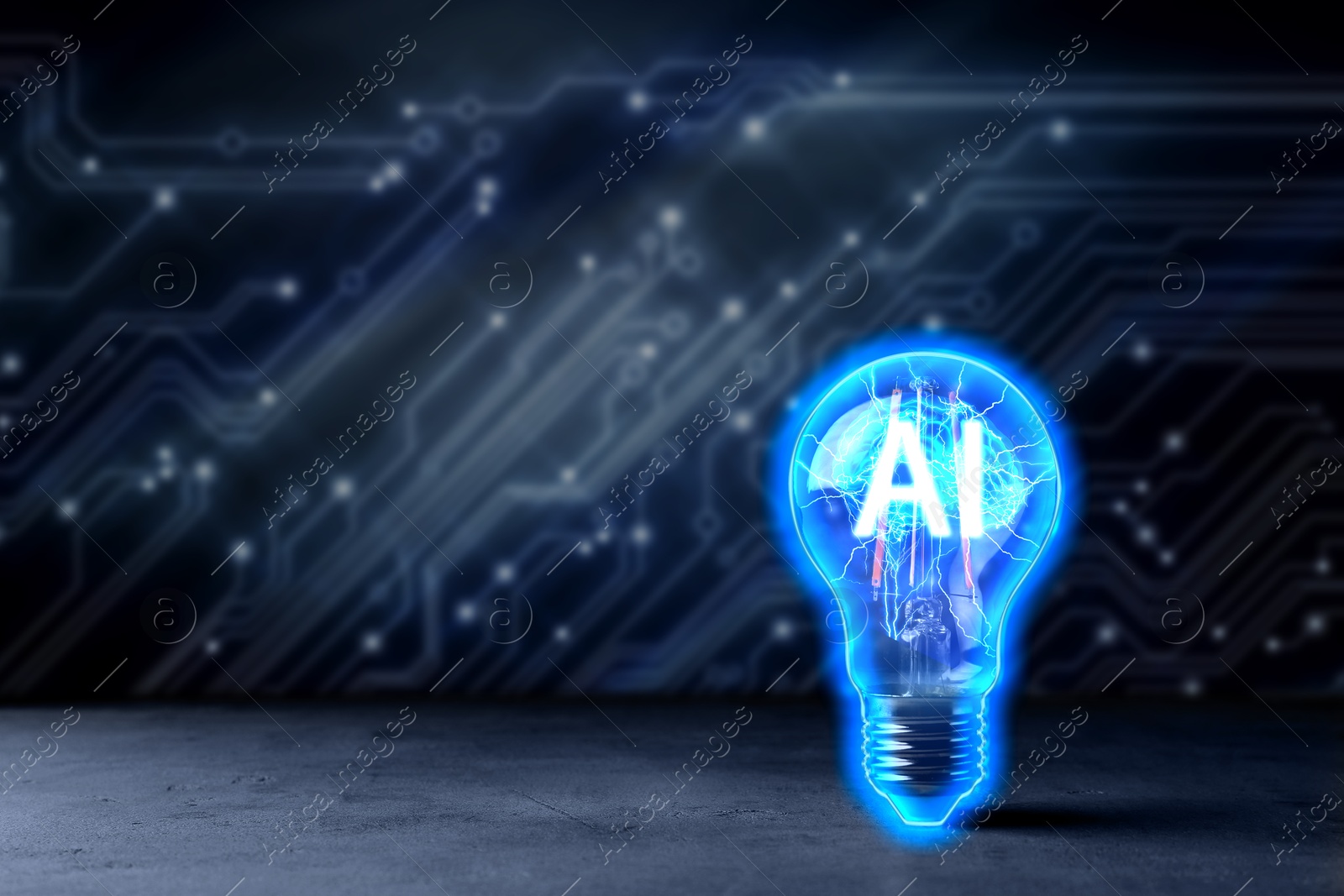 Image of Ai abbreviation and illustration of brain in light bulb against dark background with electronic circuit board pattern. Space for text