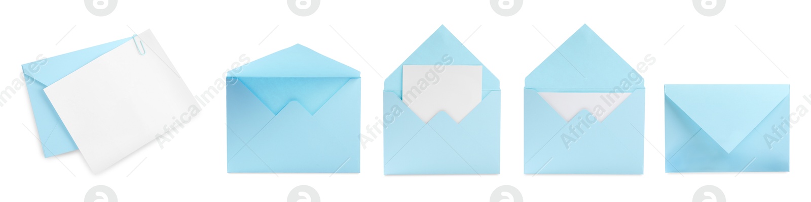 Image of Light blue envelopes and blank letter isolated on white, collage