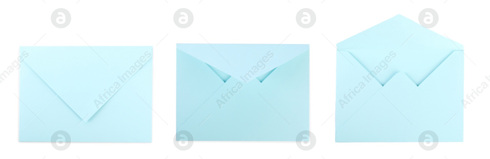 Image of Light blue envelopes isolated on white, collage