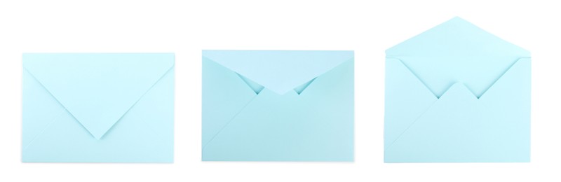 Light blue envelopes isolated on white, collage