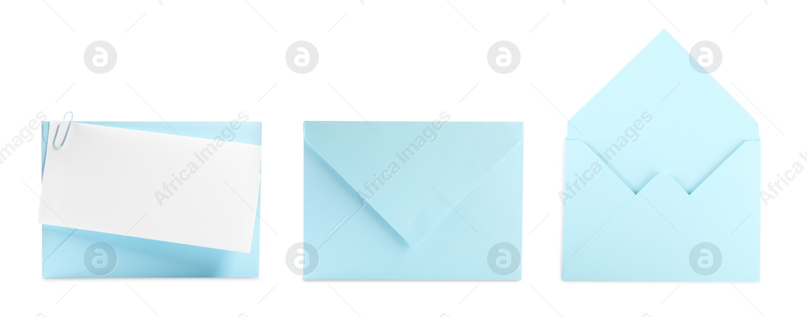 Image of Light blue envelopes and blank letter isolated on white, collage