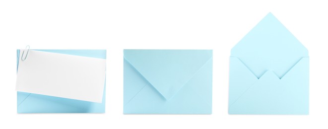 Image of Light blue envelopes and blank letter isolated on white, collage