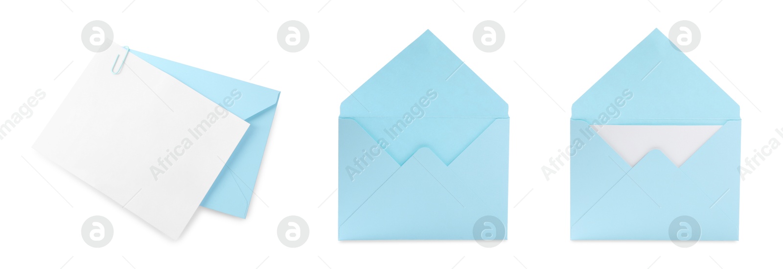 Image of Light blue envelopes and blank letter isolated on white, collage