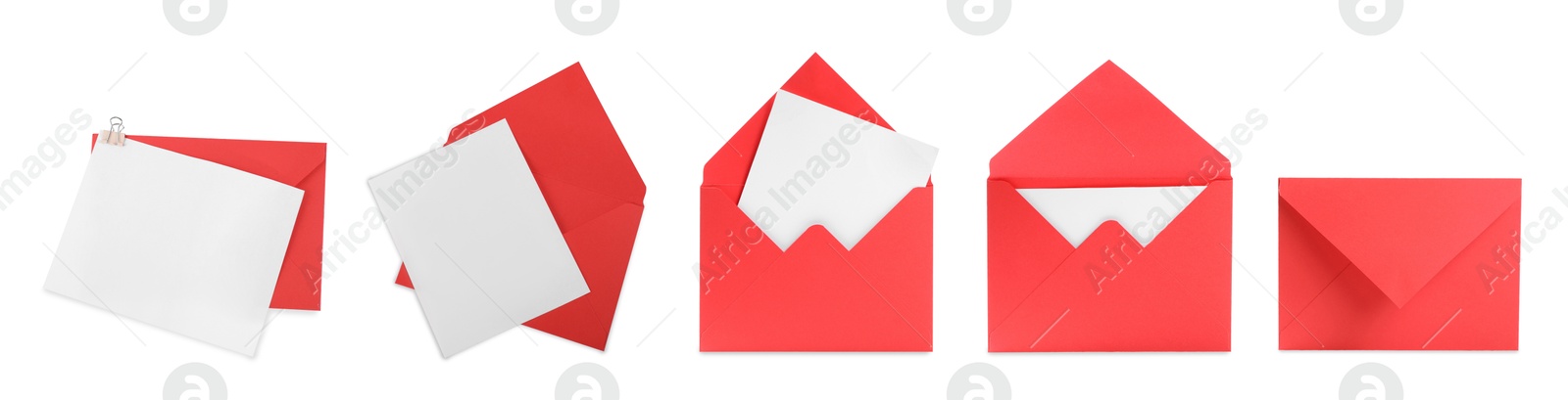 Image of Red envelopes and blank letter isolated on white, collage