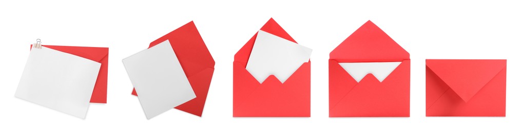 Image of Red envelopes and blank letter isolated on white, collage