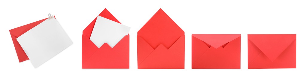 Image of Red envelopes and blank letter isolated on white, collage