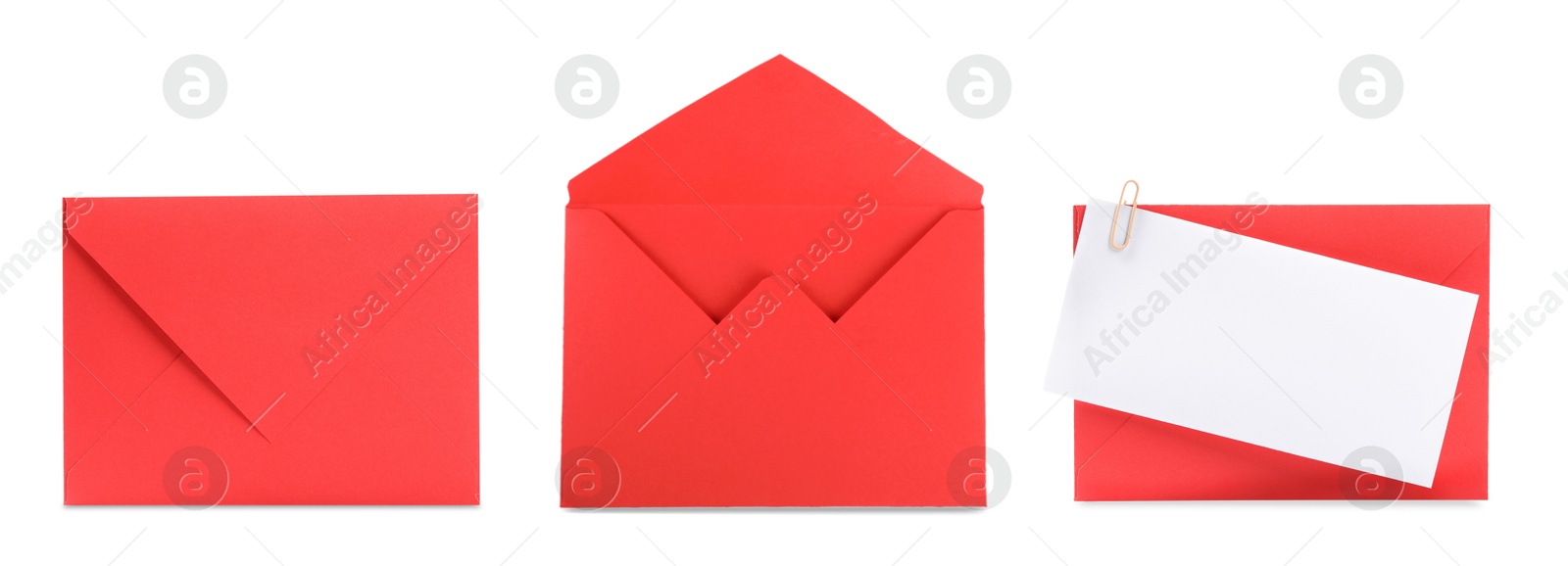 Image of Red envelopes and blank letter isolated on white, collage