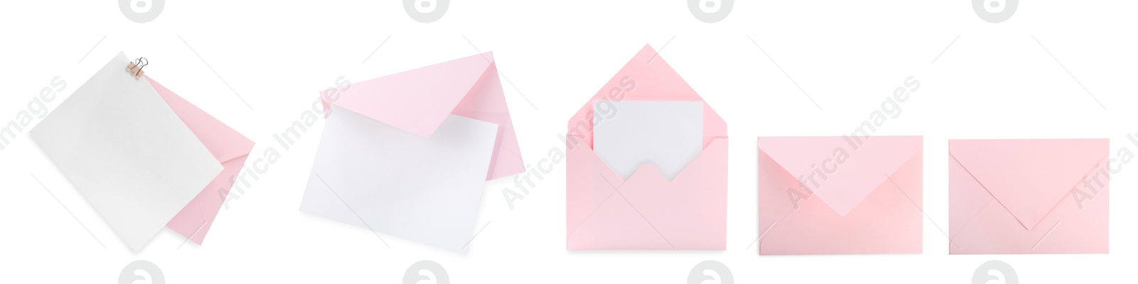 Image of Pink envelopes and blank letter isolated on white, collage