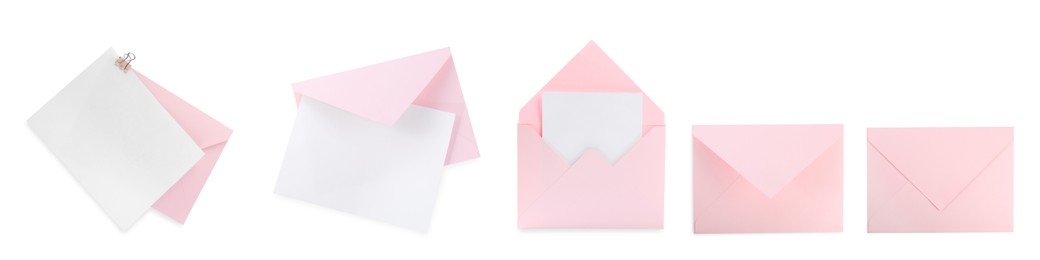 Image of Pink envelopes and blank letter isolated on white, collage