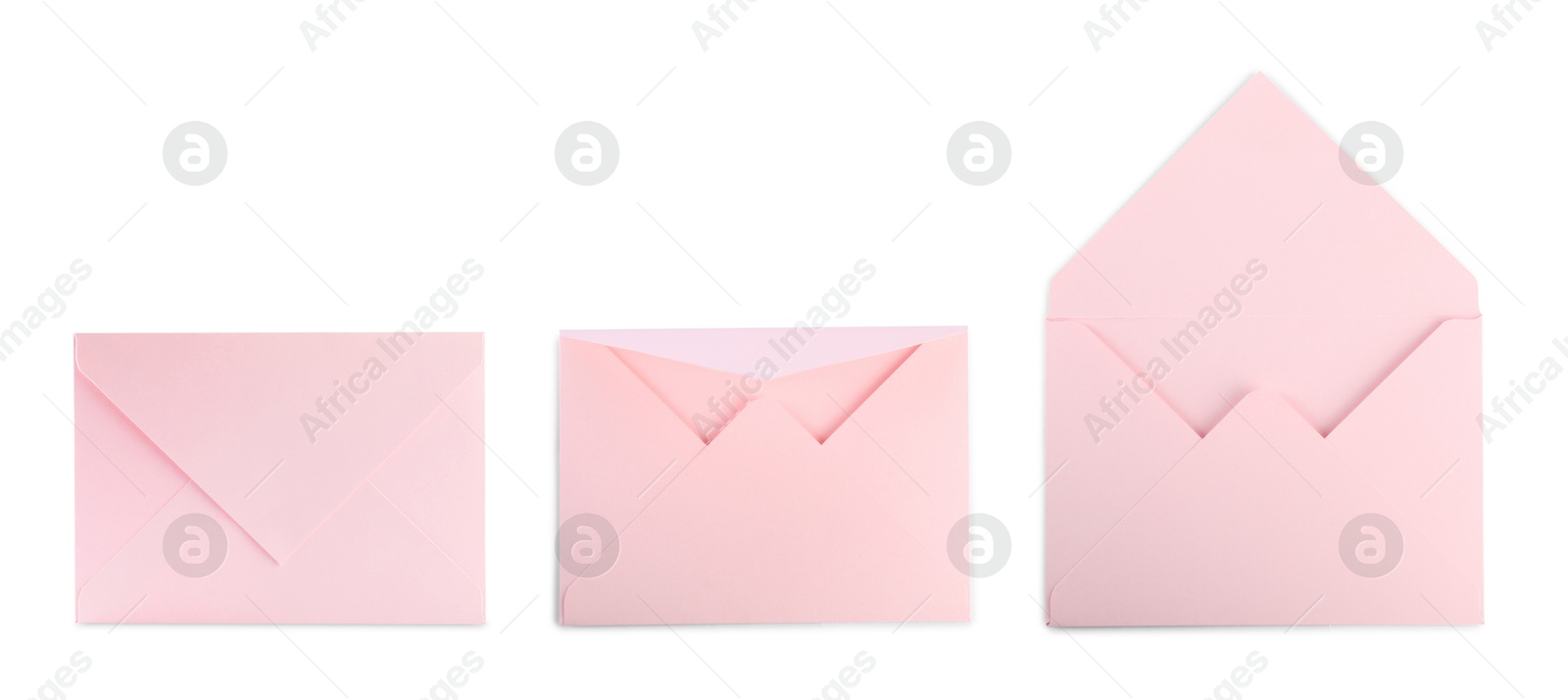 Image of Pink paper envelopes isolated on white, collage