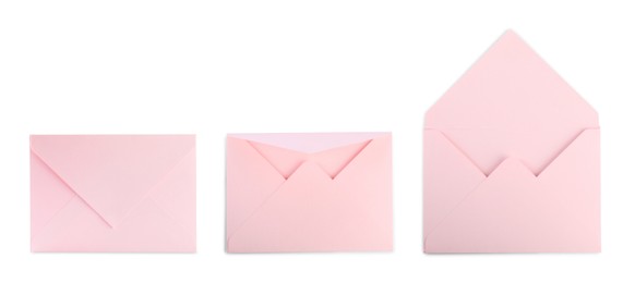 Pink paper envelopes isolated on white, collage