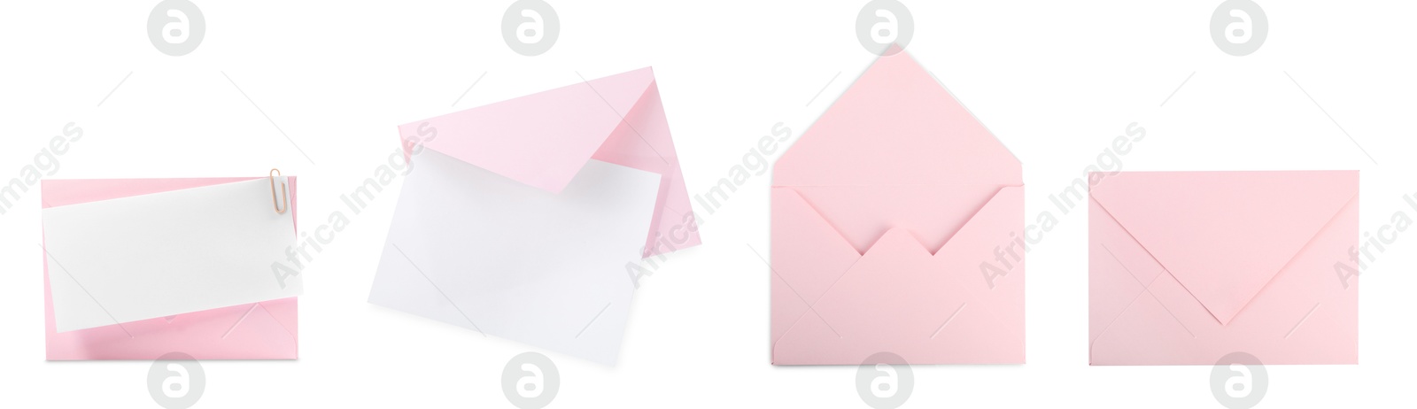 Image of Pink envelopes and blank letter isolated on white, collage