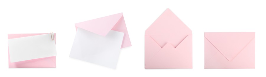 Image of Pink envelopes and blank letter isolated on white, collage