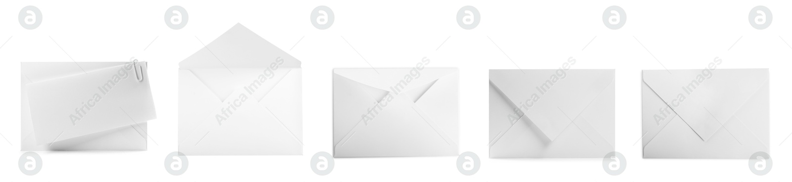 Image of Envelopes and blank letter isolated on white, collage