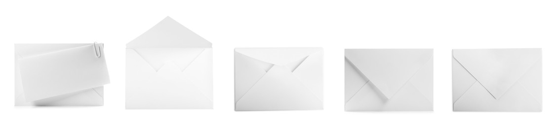 Envelopes and blank letter isolated on white, collage