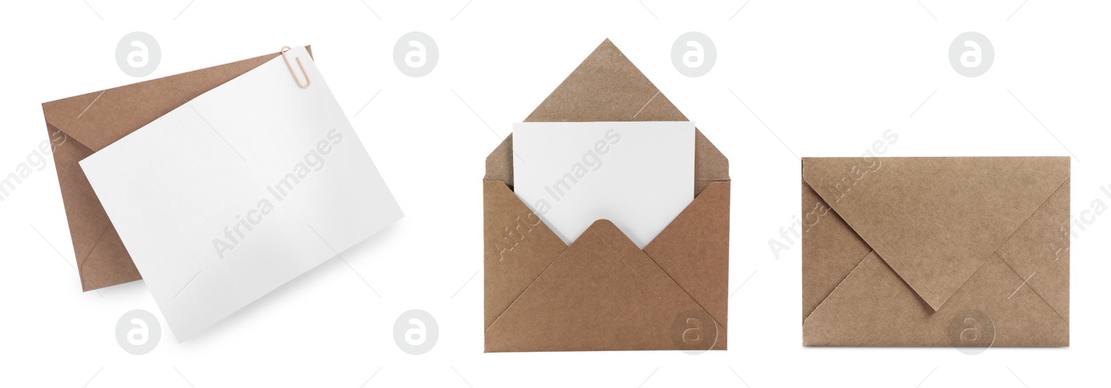 Image of Kraft paper envelopes and blank letter isolated on white, collage