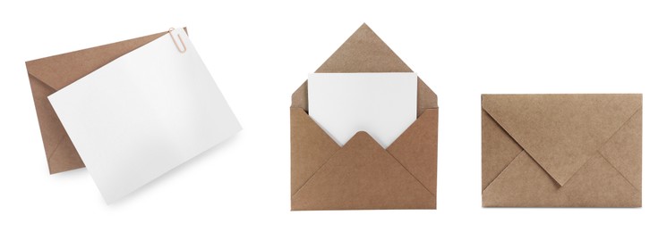 Image of Kraft paper envelopes and blank letter isolated on white, collage