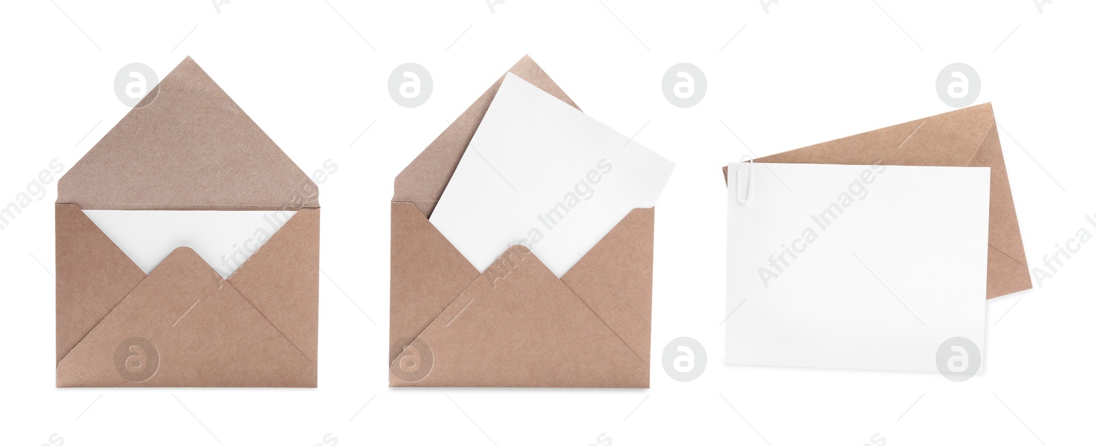 Image of Kraft paper envelopes and blank letter isolated on white, collage