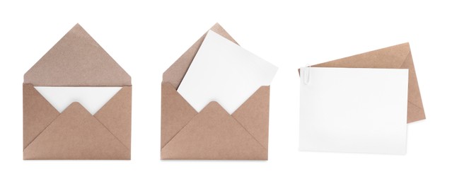 Image of Kraft paper envelopes and blank letter isolated on white, collage