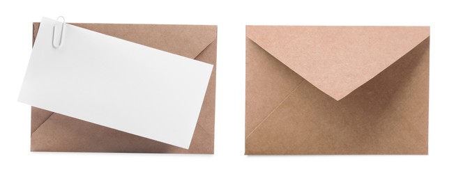 Image of Kraft paper envelopes and blank letter isolated on white