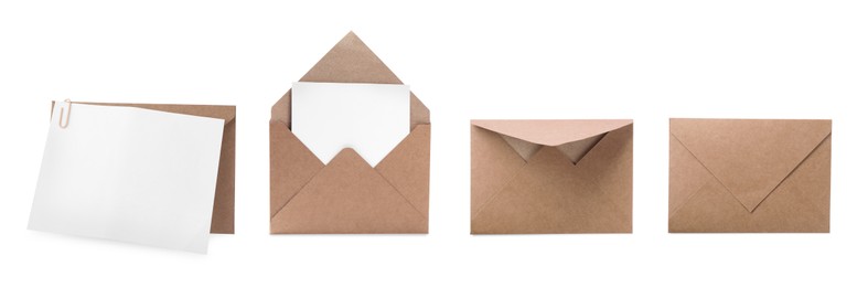 Image of Kraft paper envelopes and blank letter isolated on white, collage