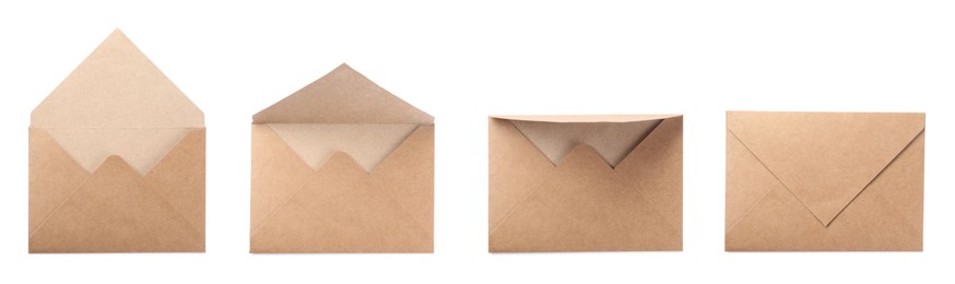 Image of Kraft paper envelopes isolated on white, collage